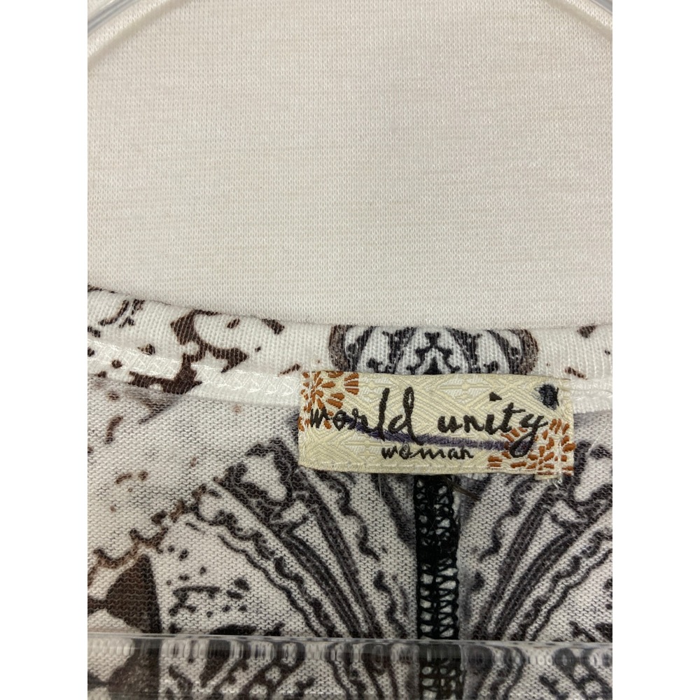 World Unity Top XL Brown White Paisley Ikat V-Neck Rhinestone 3/4 Sleeve Boho - Picture 3 of 8